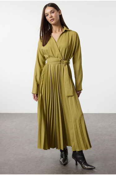 Oil Green Belted Pleated Skirt Double Breasted Maxi Woven Dress