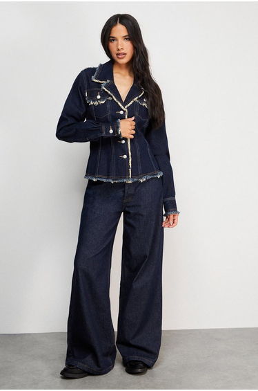 Front Fitted Denim Jacket With Frayed Hem