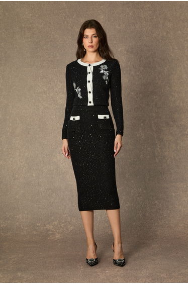 Marvelous Match Black Floral Embroidered Contrast Trim Skirt Set