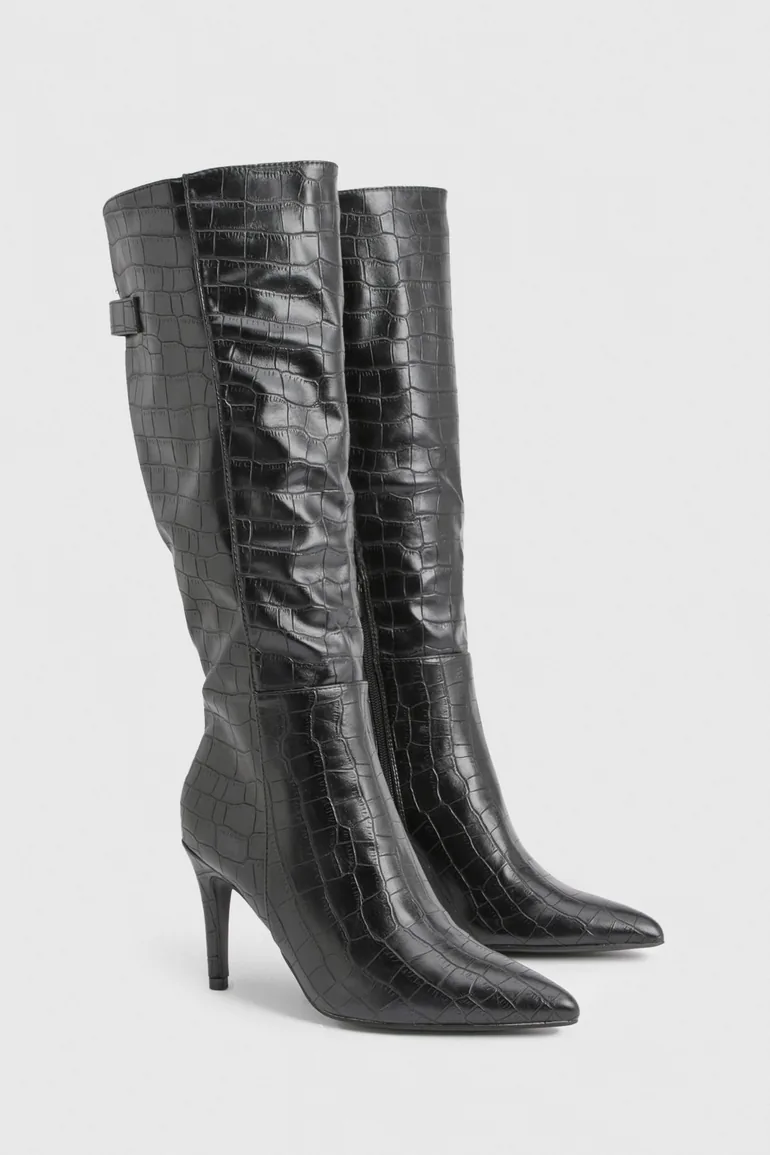 Curved Knee High Croc Stiletto Boots - black - 1