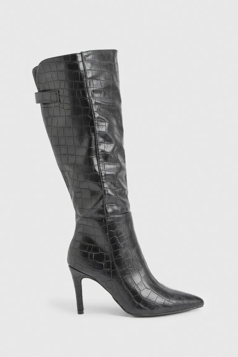 Curved Knee High Croc Stiletto Boots - black - 2