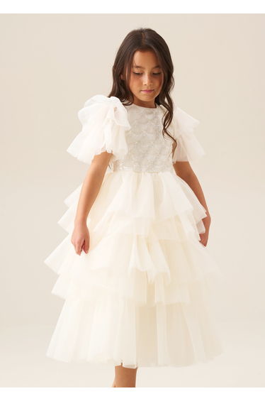 Tiffany Ivory Beaded Tiered Tulle Dress