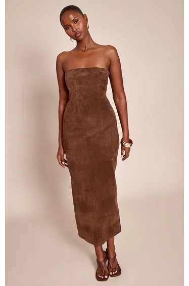 Chocolate Faux Suede Bandeau Bodycon Midaxi Dress
