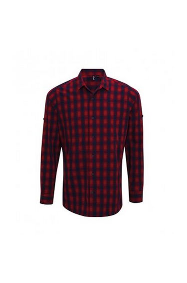 Premier Mens Mulligan Check Long Sleeve Shirt - Red/Navy