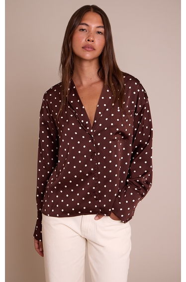 Chocolate Polka Dot Satin Long Sleeve Shirt