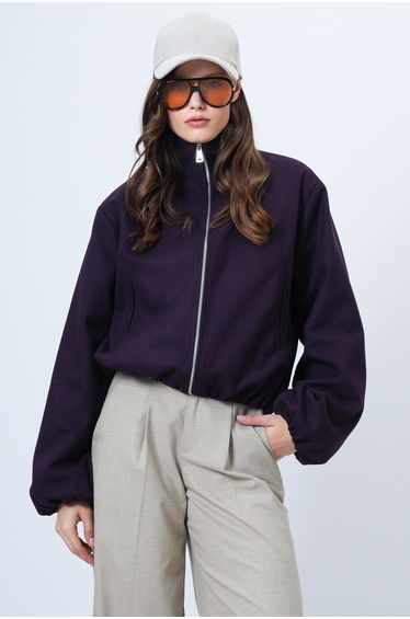 Women's Purple Mock Neck Elastic Waist Bomber Jacket