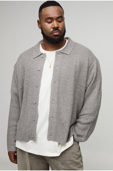 Plus Basic Boxy Brushed Knitted Shirt - grey