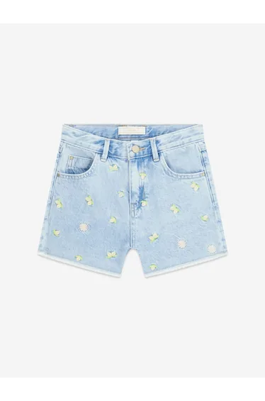 شورت دينيم بناتي بتطريز - أصفر