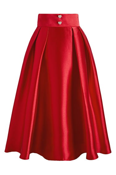 Rhinestone Heart Decorated Pleated Midi Skirt in Red