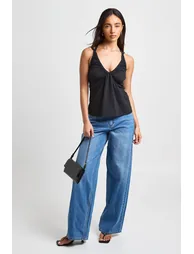 Halterneck Pleated V Neck Top - black