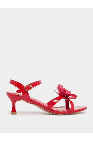 Red Kitten Heel Sandals with Flower Detail