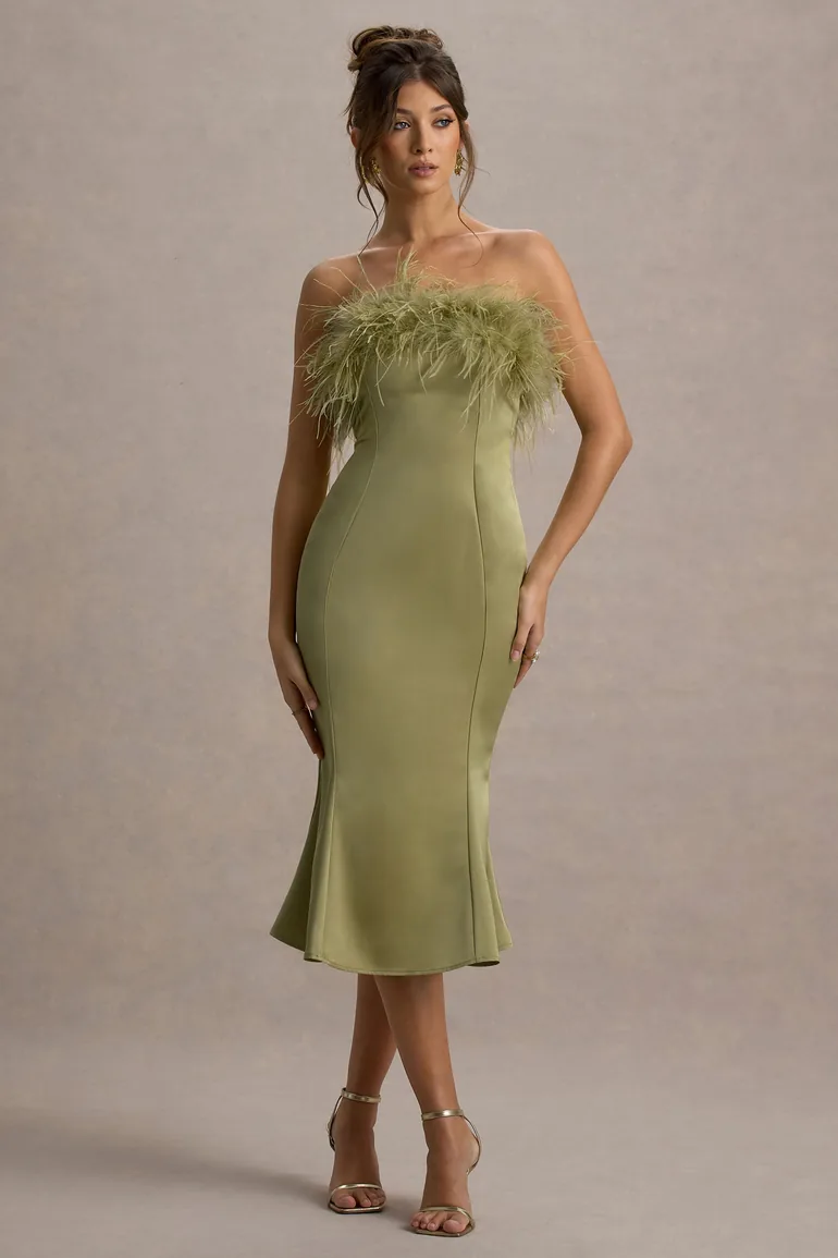 satin feather trim midi dress Hopelessly Devoted Feather Trim Midi Dress Brown