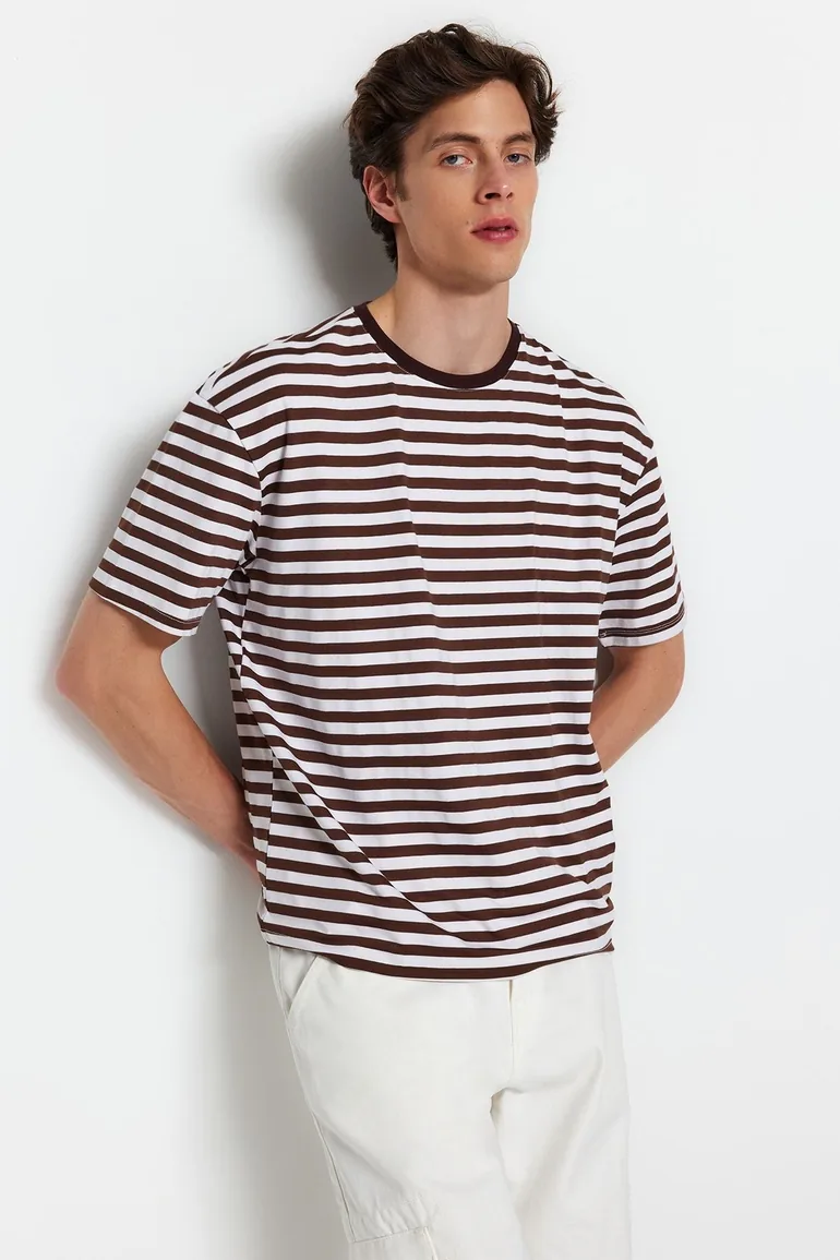 Trendyol Brown Stripped T-Shirt - 2