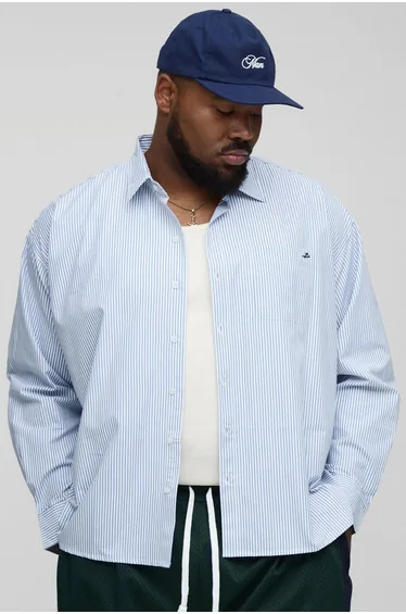 قميص مخطط بتصميم واسع بأكمام طويلة بتطريز - للمقاسات الكبيرة