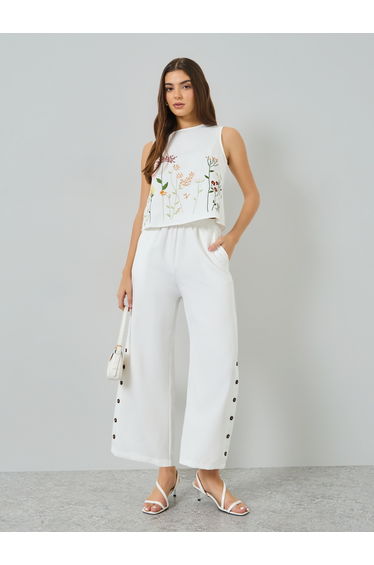 White Floral Embroidered Top and Button Detail Pants Co-Ords