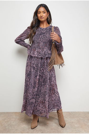 Western Shirred Bodice Long Sleeve Dress