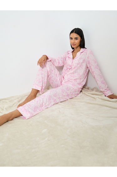 Floral Piped Long Sleeve Shirt and Pyjama Set