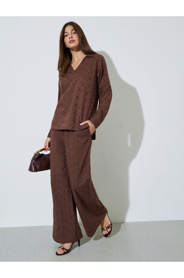 Brown Cotton Schiffli Top and Pants Set