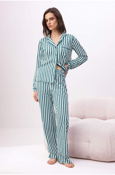 Emerald Green 100% Cotton Striped Single Jersey Knitted Pajama Set