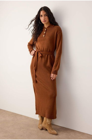 Brown more sustainable polo neck knitwear dress