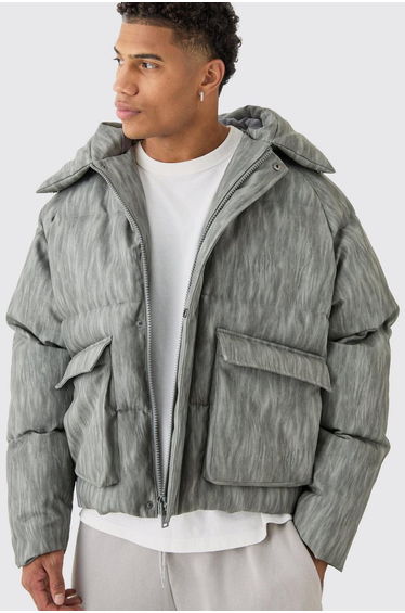 Oversized Boxy Washed Pu Hooded Puffer Coat In Grey - grey