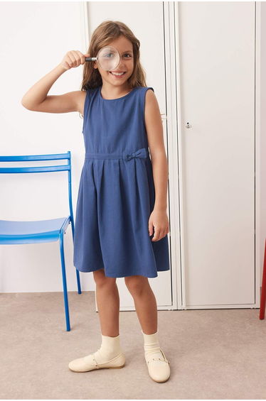 Navy Blue*001 Girl 100% Cotton Plain Crew Neck A-line Long Sleeve Woven Dress