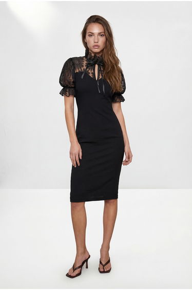 Black Plain Midi Woven Dress