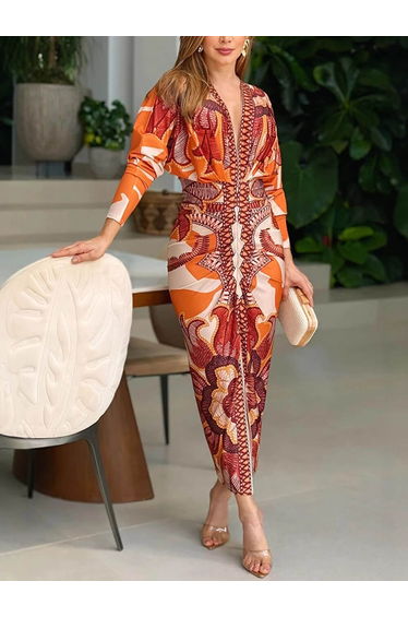 Elegant Floral Print Sexy V-Neck Long Sleeve Slit Dress