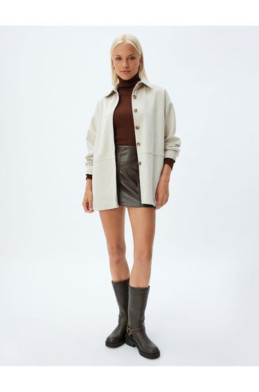 Faux Suede Shirt Jacket Hip Length Long Sleeve