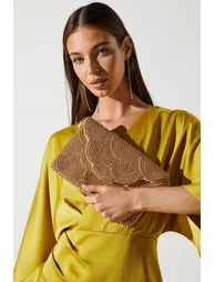 Pearl Beaded Scallop Clutch Bag With Shoulder Strap