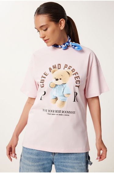 Women's Light Pink Printed Oversize Cotton Knitted T-Shirt