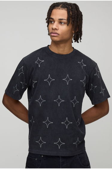 Boxy Washed All Over Rhinestone T-Shirt - charcoal