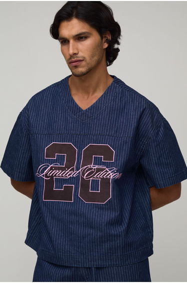 Oversized V Neck Pinstripe Varsity Denim T-Shirt - navy