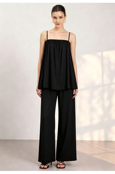 Elasticated Neckline Swing Cami Top and Pants Set in Black for Beach Vacations & Resort Stays