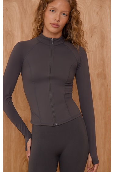 Charcoal Sculpt Seam Detail Zip Up Gym Jacket