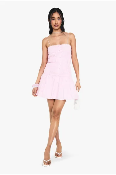 Cotton Shirred Bandeau Button Mini Dress - pink