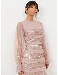 Maya Frosted Pink Sequin & Frill Maxi Sleeve Tulle Maxi Dress - 5