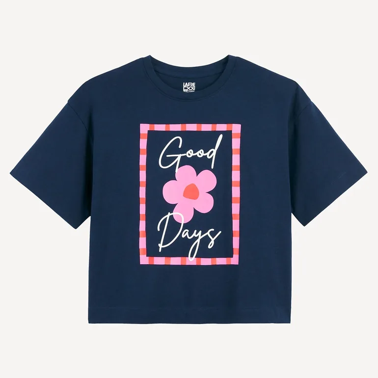 Crew Neck T-Shirt Printed with Slogan and Flowers