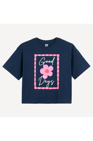 Crew Neck T-Shirt Printed with Slogan and Flowers