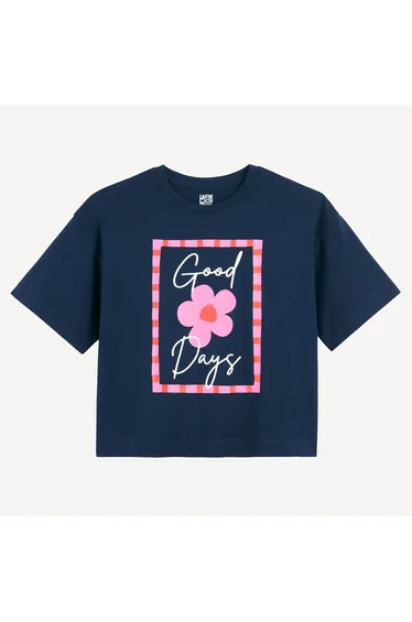 Crew Neck T-Shirt Printed with Slogan and Flowers