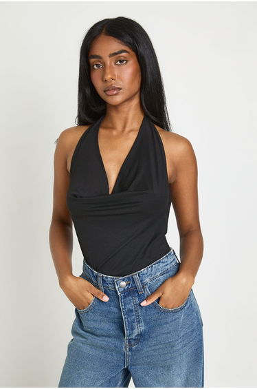 Textured Cowl Neck Halter Bodysuit - black
