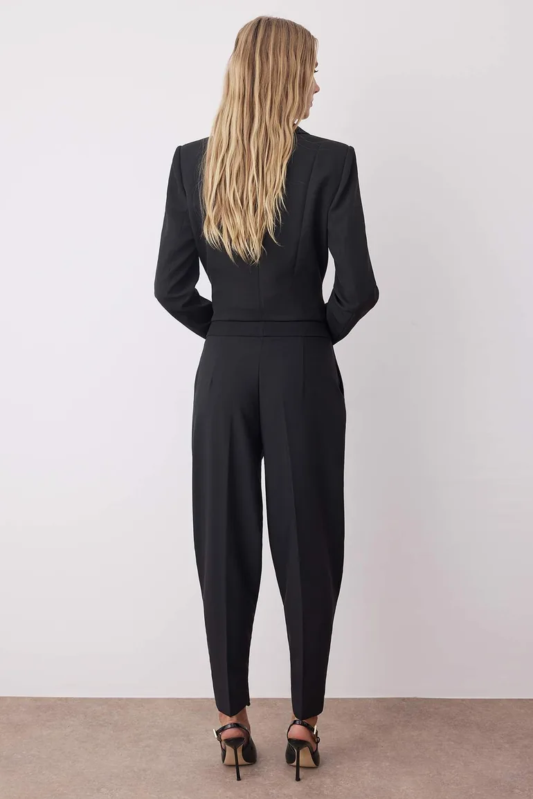 Black Button Detail Hem Wide Leg and Carrot Fit Fabric Trousers - 3