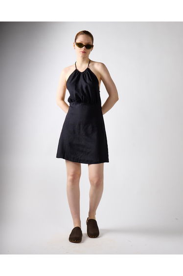 Black Linen Open Tie Back Mini Dress