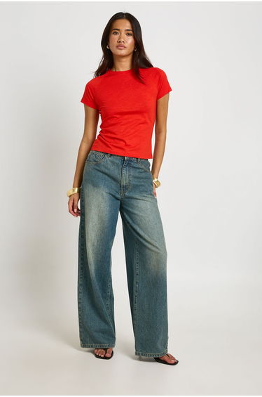 Slub Raglan Sleeve Fitted Top - red