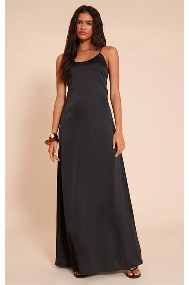 Black Satin Scoop Neck Spaghetti Strap Maxi Dress