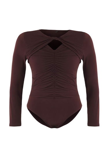 Brown Snap-On Knitted Plus Size Bodysuit