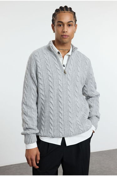Grey Unisex Zippered Half Turtleneck Knit Sweater product thumbnail 4