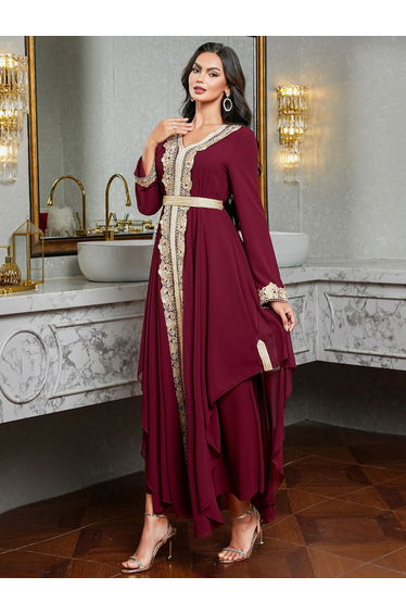 Women Burgundy Golden Trim Patch Detail Jalabiya