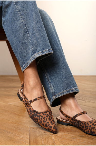 Estrella Wide Fit Pointed Toe Mary Jane Open Back Ballet Flats In Leopard Suede
