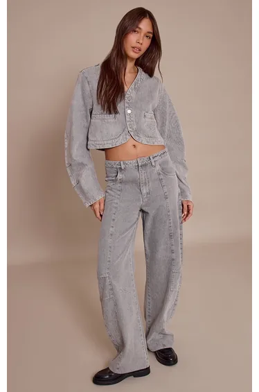 Grey V Neck Curved Hem Cropped Denim Jacket